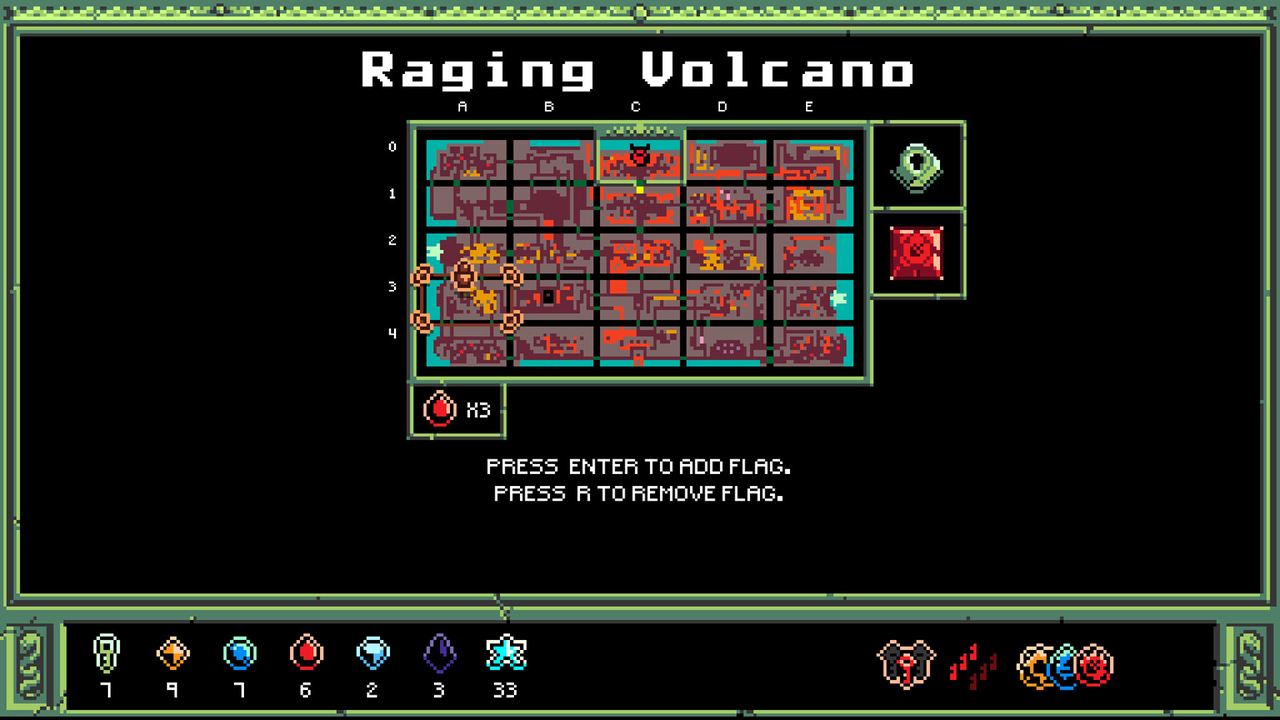 The flag puzzle layer on the Raging Volcano — the update's puzzles read the map itself