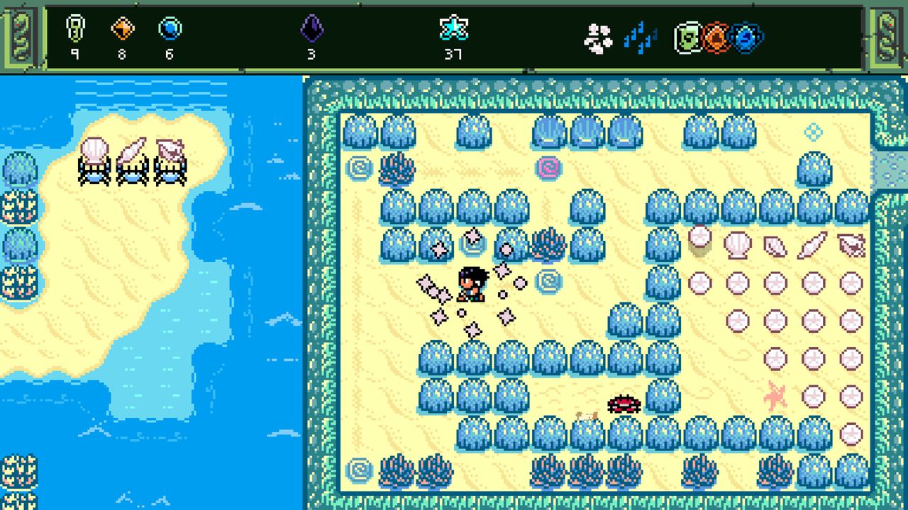 The in-game map and HUD: turtles, birds and island icons are your travel network